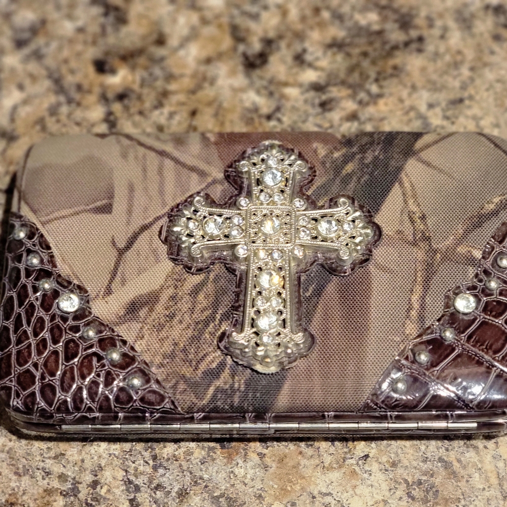 Brown Camo Cross Embellished Wallet